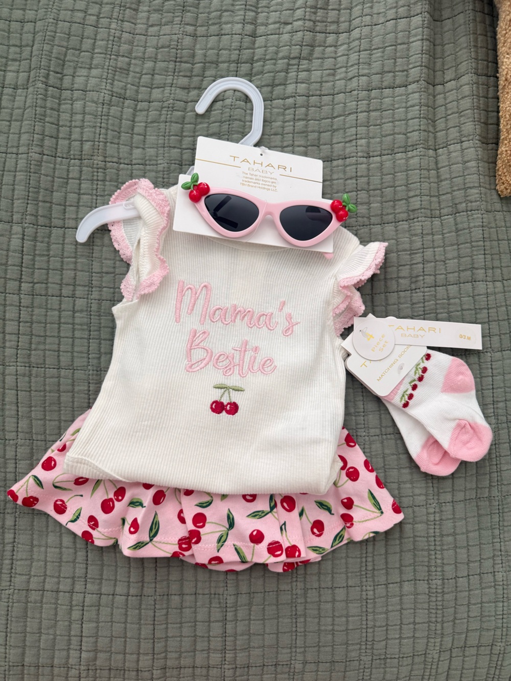 Tahari Baby Cherry Set - Pink & White Onsie and Skirt with Sunglasses and Socks